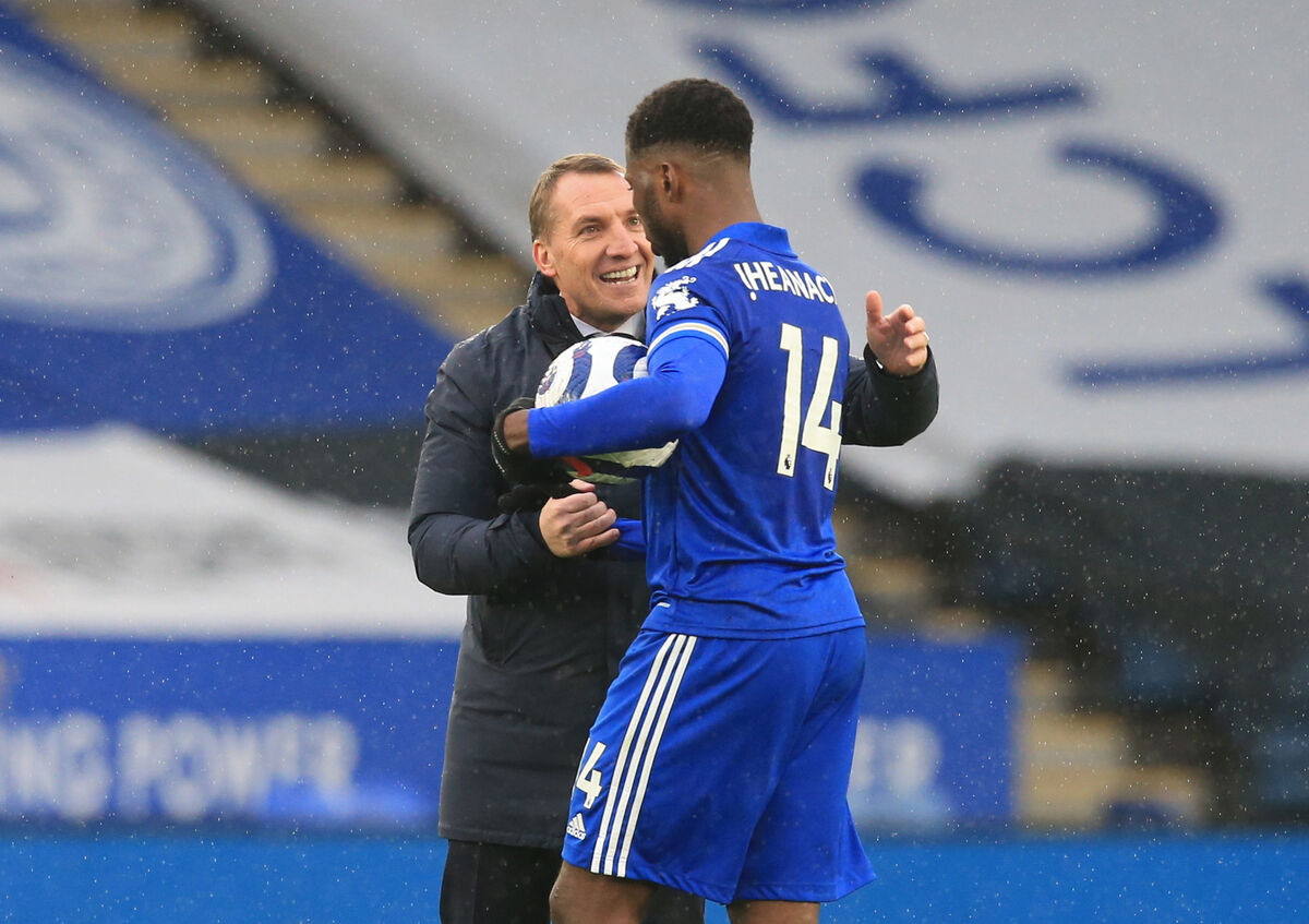 Leicester City manager Brendan Rodgers greets Kelechi Iheanacho