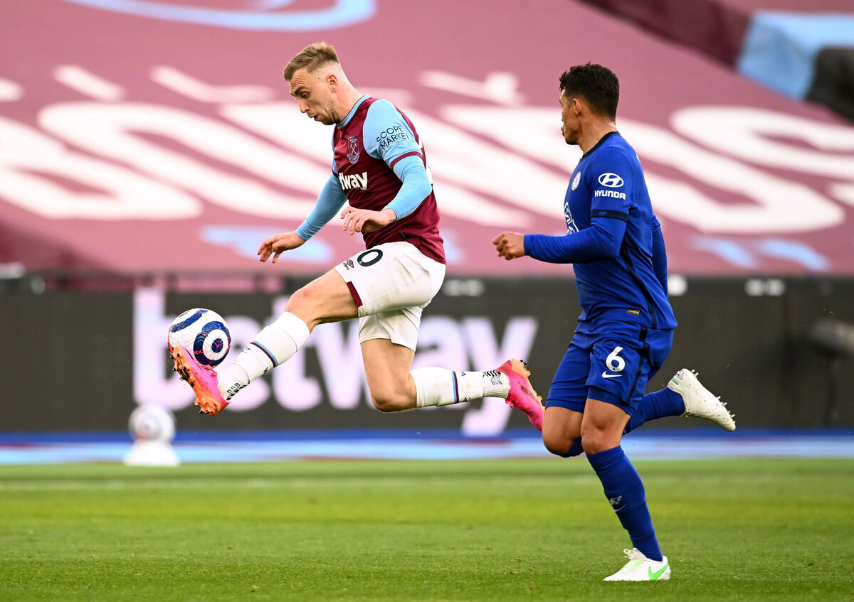 West Ham United's Jarrod Bowen (left) and Chelsea's Thiago Silva in action