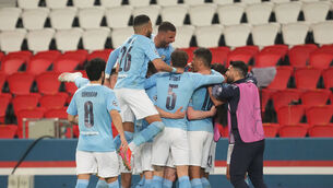 <p>Manchester City players celebrate after Kevin De Bruyne (hidden) scores their first goal during the UEFA Champions League semi-final, first leg against PSG</p>
