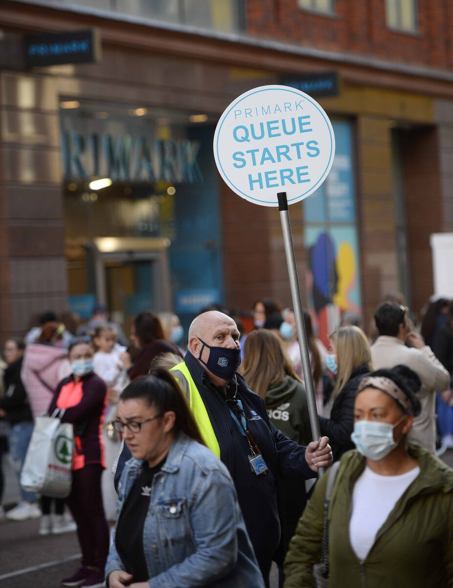 Shoppers queue ouside Pennys in Belfast as shops reopen and hospitality is able to open outdoors in Northern Ireland. Picture: Mark Marlow/PA Wire