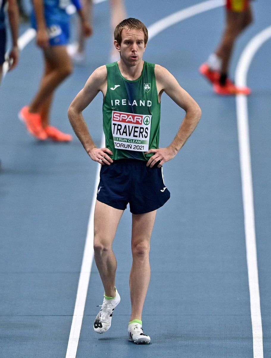 John Travers prior to his heat of the Men’s 3000m at the European Indoor Athletics Championships in Torun, Poland. in March. ‘When the boot was put down, it was like someone just took the key out of the car on me. I went to absolute zero.’ Picture: Sam Barnes/Sportsfile
                    