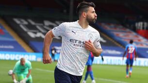 <p>Manchester City's Sergio Aguero celebrates scoring their side's first goal of the game during the Premier League match at Selhurst Park.</p>