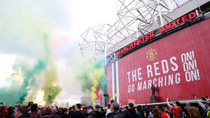 <p>Fans protest outside Old Trafford </p>