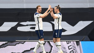 <p>Tottenham’s Gareth Bale celebrates scoring their opener vs Sheffield United with Harry Kane. Picture: Shaun Botterill</p>