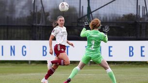 <p>Katie McCabe of Arsenal scores their team's first goal during the Barclays FA Women's Super League match between Everton Women and Arsenal Women at Walton Hall Park</p>