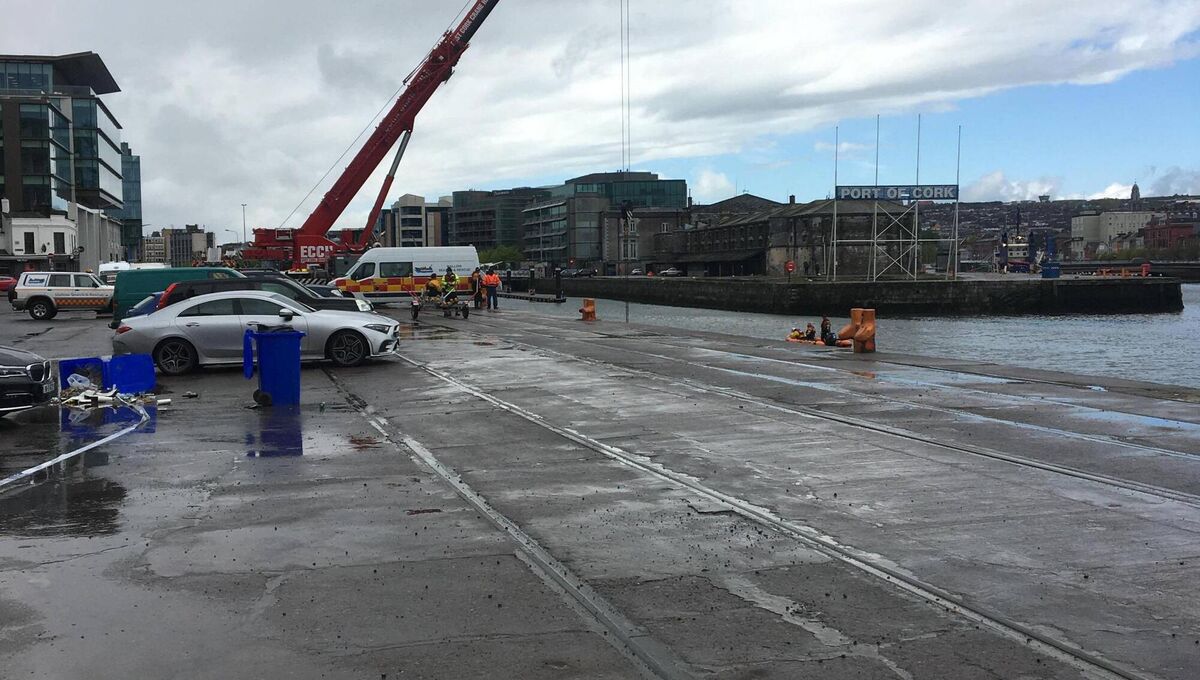 Emergency services team members at the scene near Kennedy Quay this afternoon.