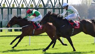<p>Moll and Billy Lee (far) win the Irish Stallion Farms EBF Noblesse Stakes (Listed) from Flor De La Luna. Picture: Healy Racing</p>