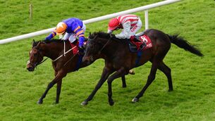 <p>Bellagio Man and Colin Keane (far) win the Irish Stallion Farms EBF Median Auction Maiden from Sunwalk and Andrew Slattery (near) at Gowran Park. Picture: Healy Racing</p>