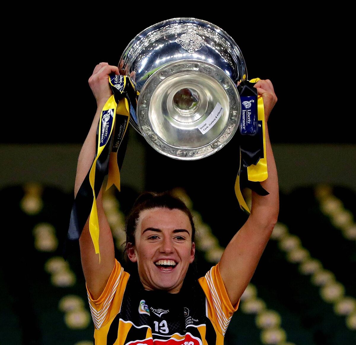 Kilkenny's Mary O'Connell lifts the O'Duffy Cup. Picture: INPHO/Ryan Byrne