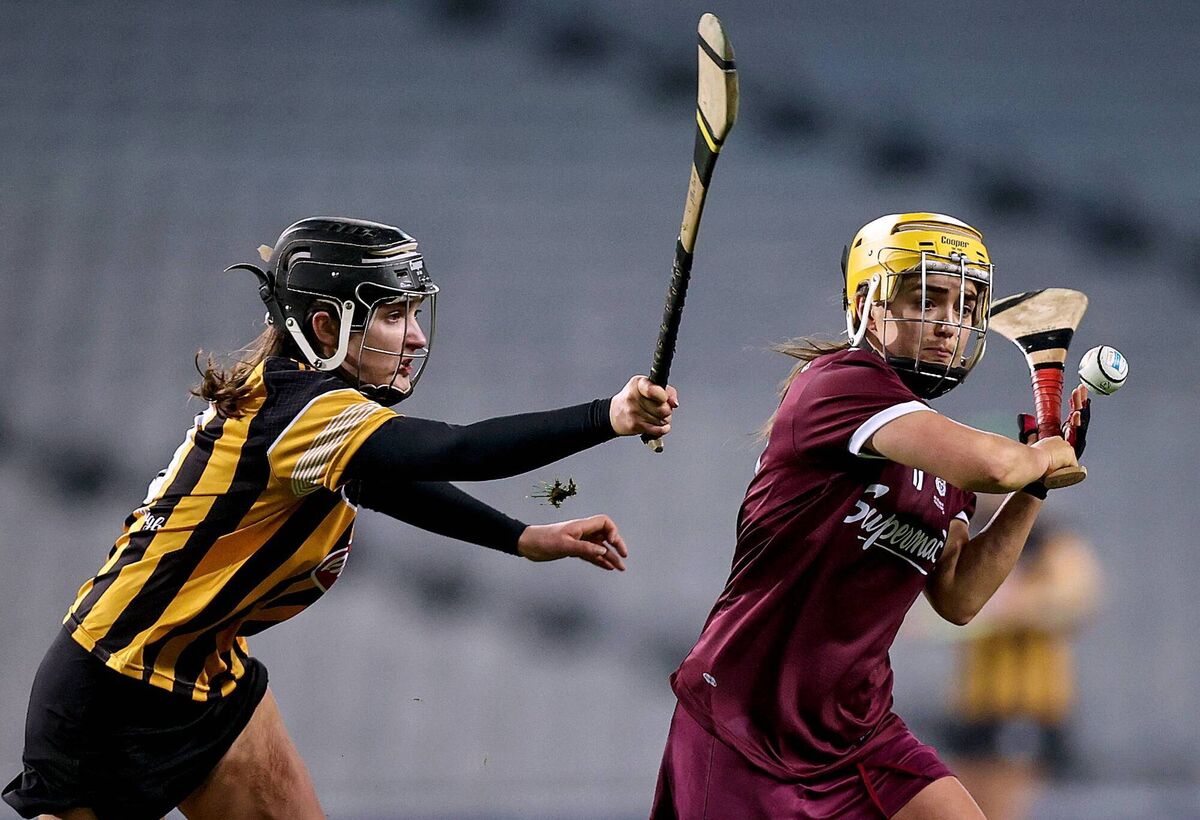 Galway's Siobhan McGrath closed down by Claire Phelan of Kilkenny. Picture: INPHO/Tommy Dickson