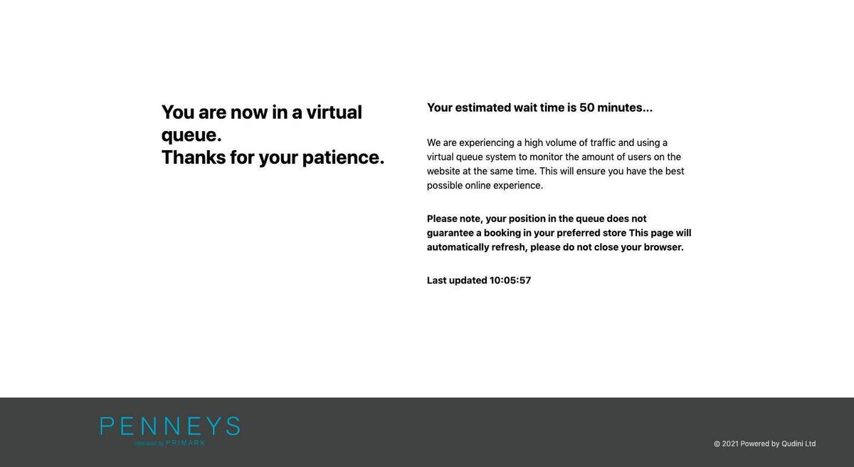 A screenshot of Penneys' virtual queue as the wait began