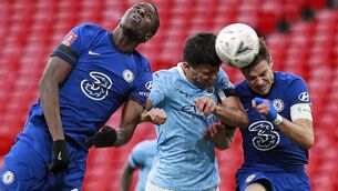 <p>CLASH OF THE CASH: Chelsea defenders Kurt Zouma and Cesar Azpilicueta battle for a header with Man City midfielder Rodri in last month’s FA Cup semi-final at Wembley. The sides will now meet in the Champions League decider. <span class="contextmenu emphasis CaptionCredit">Picture: Ian Walton/Getty Images</span>
            </p>