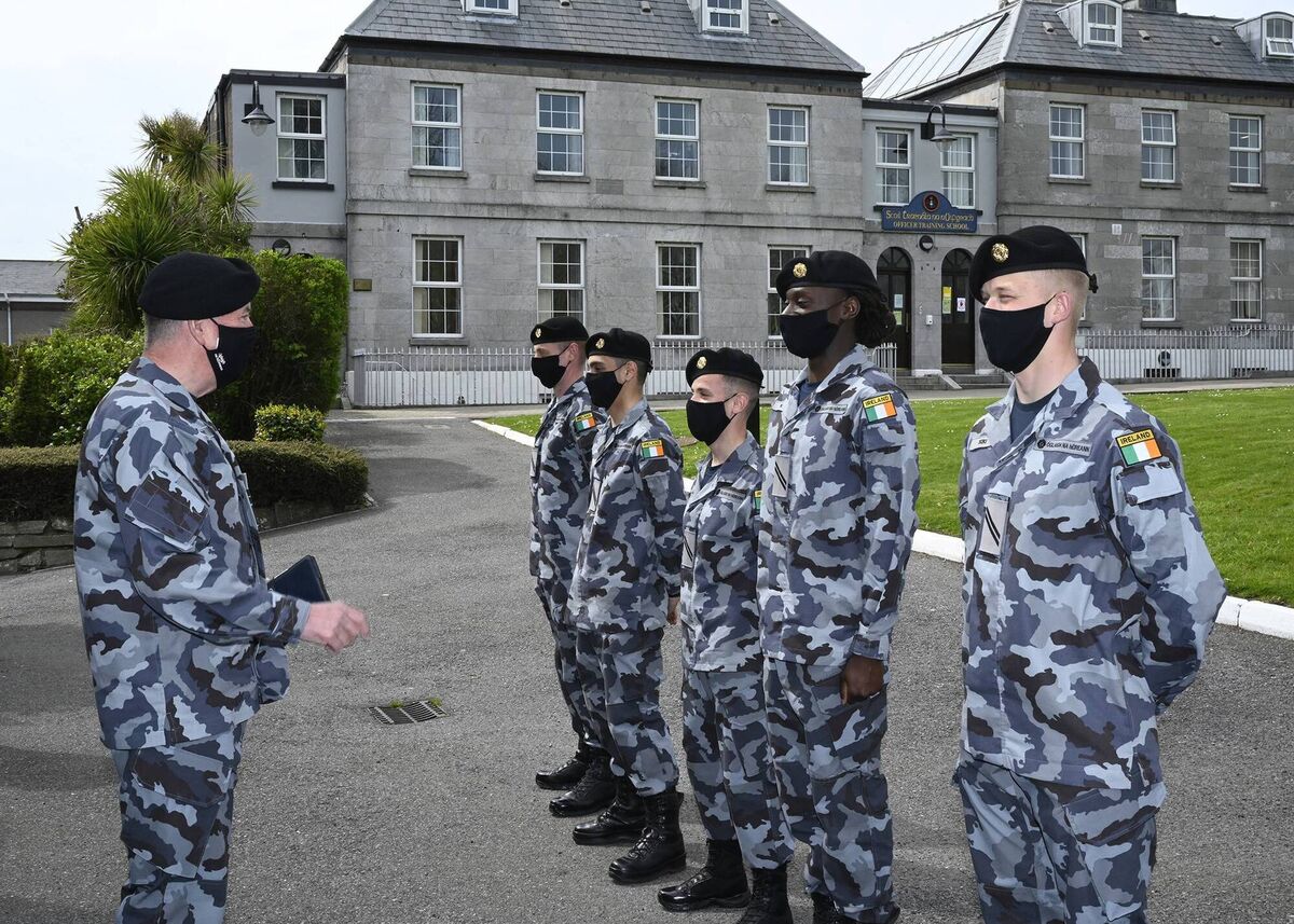 Chief of Staff of the Defence Forces Vice Admiral Mark Mellett congratulates five of the latest Naval Service recruits who passed out from training and who are foreign born. They are Luis Eduardo Espindola Caldas (Brazil), Filip Bezjuk (Croatia), Raul Muresan (Romania), Ansoumane Firkins (Guinea), and Daniels Tuceks (Latvia). Chief of Staff of the Defence Forces Vice Admiral Mark Mellett congratulates five of the latest Naval Service recruits who passed out from training and who are foreign born. They are Luis Eduardo Espindola Caldas (Brazil), Filip Bezjuk (Croatia), Raul Muresan (Romania), Ansoumane Firkins (Guinea), and Daniels Tuceks (Latvia).