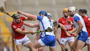 <p class="contextmenu internal_Caption">HELD UP: Cork’s Mark Coleman is tackled by Waterford’s Austin Gleeson during the Allianz Hurling League Division 1 clash. Picture: Piaras Ó Mídheach</p>