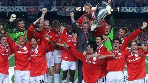 <p>Manchester United players and manager Alex Ferguson celebrate after winning the final of the 1999 Champions League beating Bayern Munich 2-1. Picture: AP </p>