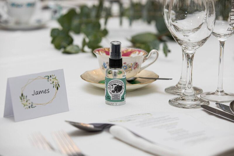 The couple supplied sanitiser to each guest which was purchased from Ballyvolane Spirits and the vintage ware and seating were supplied by Betcon Cater Hire, Cork The couple supplied sanitiser to each guest which was purchased from Ballyvolane Spirits and the vintage ware and seating were supplied by Betcon Cater Hire, Cork