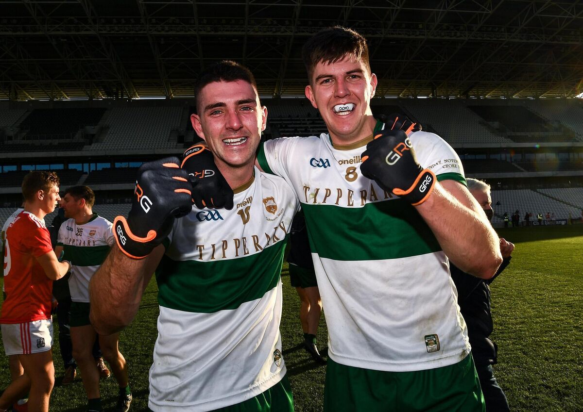 Colin O'Riordan and Steven O'Brien of Tipperary celebrate after the famous win