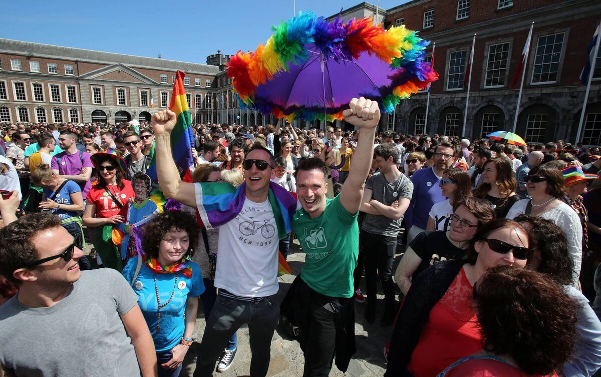 Supporters for same-sex marriage raise a cheer at Dublin Castle as they wait for the result of the referendum on May 23, 2015. Picture: AFP PHOTO/ Paul Faith