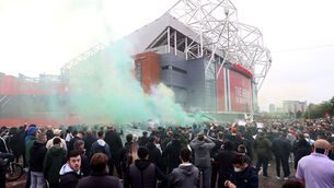 <p>Manchester United fans outside the ground during a protest against the Glazer family, the owners of Manchester United, ahead of their Premier League match against Liverpool at Old Trafford. Picture: Martin Rickett/PA Wire.</p>