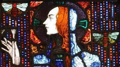 A detail from Harry Clarke's stained glass of St Gobnait at the Honan Chapel, University College Cork. 