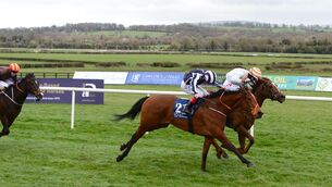 <p>Watercolormemories and Colin Keane (far side) wins from Notoriously Risky (Chris Hayes) at Naas in March. Picture: Healy Racing</p>