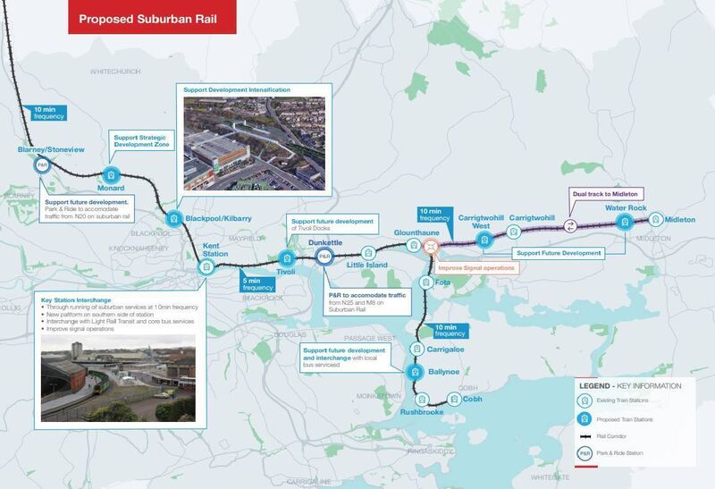 A map of the proposed suburban rail route under the Cork Metropolitan Area Transport Strategy. 