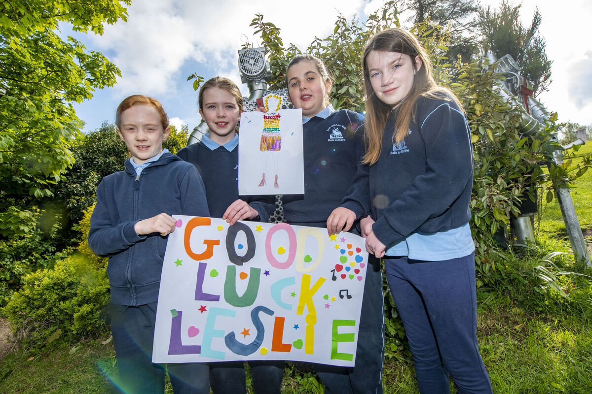 Pupils from St Oliver's national school in Balrothery, Co Dublin, cheer for Lesley Roy who is bidding to win Eurovision for Ireland. 