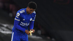 <p>Leicester City's Wesley Fofana breaks his Ramadan fast mid-match. Picture: Neil Hall/PA</p>