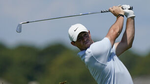 <p>Rory McIlroy watches his tee shot on the 15th hole during a practice round at the PGA Championship on the Ocean Course in Kiawah Island. Picture: Matt York / AP Photo</p>