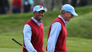 <p>Ryder Cup captain Steve Stricker (right) would like Tiger Woods as a vice-captain in September. Picture: David Davies</p>