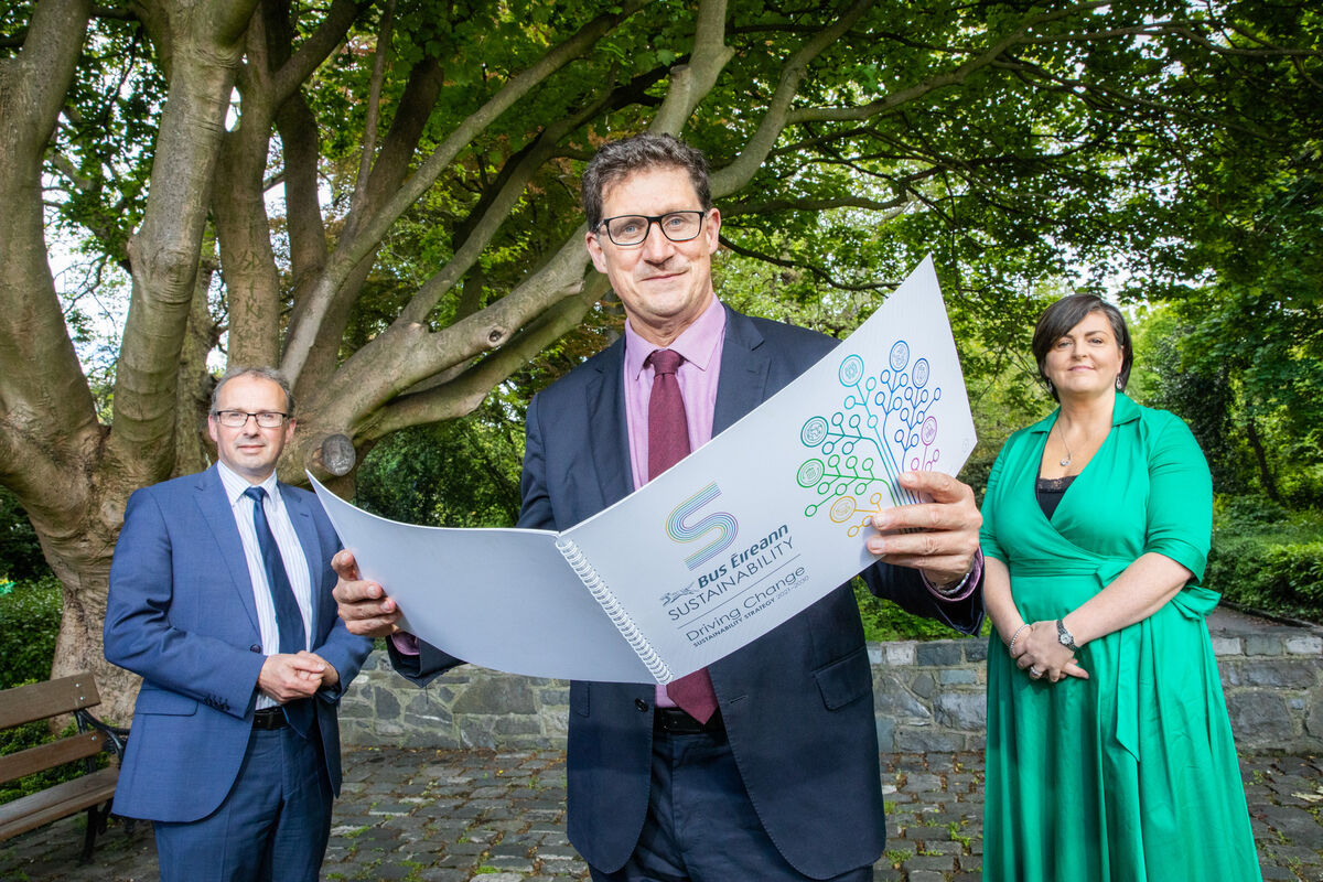 At the launch of Bus Éireann's first sustainability strategy are from left Stephen Kent, Chief Executive, Bus Éireann; Eamon Ryan TD, Minister for Transport, Climate, Environment & Communications; and Stephanie Maher, Bus Éireann’s newly appointed Energy Manager. At the launch of Bus Éireann's first sustainability strategy are from left Stephen Kent, Chief Executive, Bus Éireann; Eamon Ryan TD, Minister for Transport, Climate, Environment & Communications; and Stephanie Maher, Bus Éireann’s newly appointed Energy Manager.
