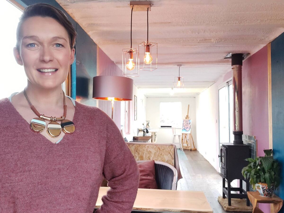 Caitríona Bergin in the office space and art studio she created from a converted 40-foot shipping container. Caitríona Bergin in the office space and art studio she created from a converted 40-foot shipping container.