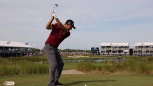 <p>SCARY 17th: Padraig Harrington plays the devilishly difficult par 3 17th at Kiawah Island Resort's Ocean Course. On Sunday, he will partner his compatriot Shane Lowry in the final round.</p>