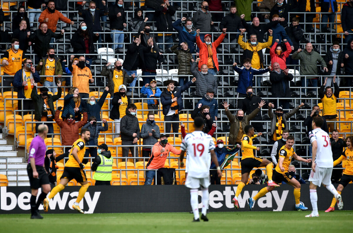 Wolverhampton Wanderers' Nelson Semedo celebrates in front of the fans after scoring their side's goal in the 2-1 defeat to Man United. Picture: Rui Vieira