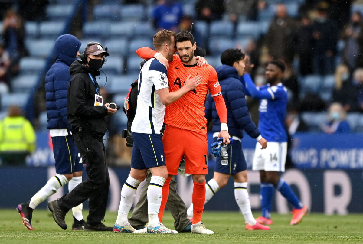 Tottenham Hotspur's Harry Kane (left) and goalkeeper Hugo Lloris after the Premier League win over Leicester. Picture: Shaun Botterill