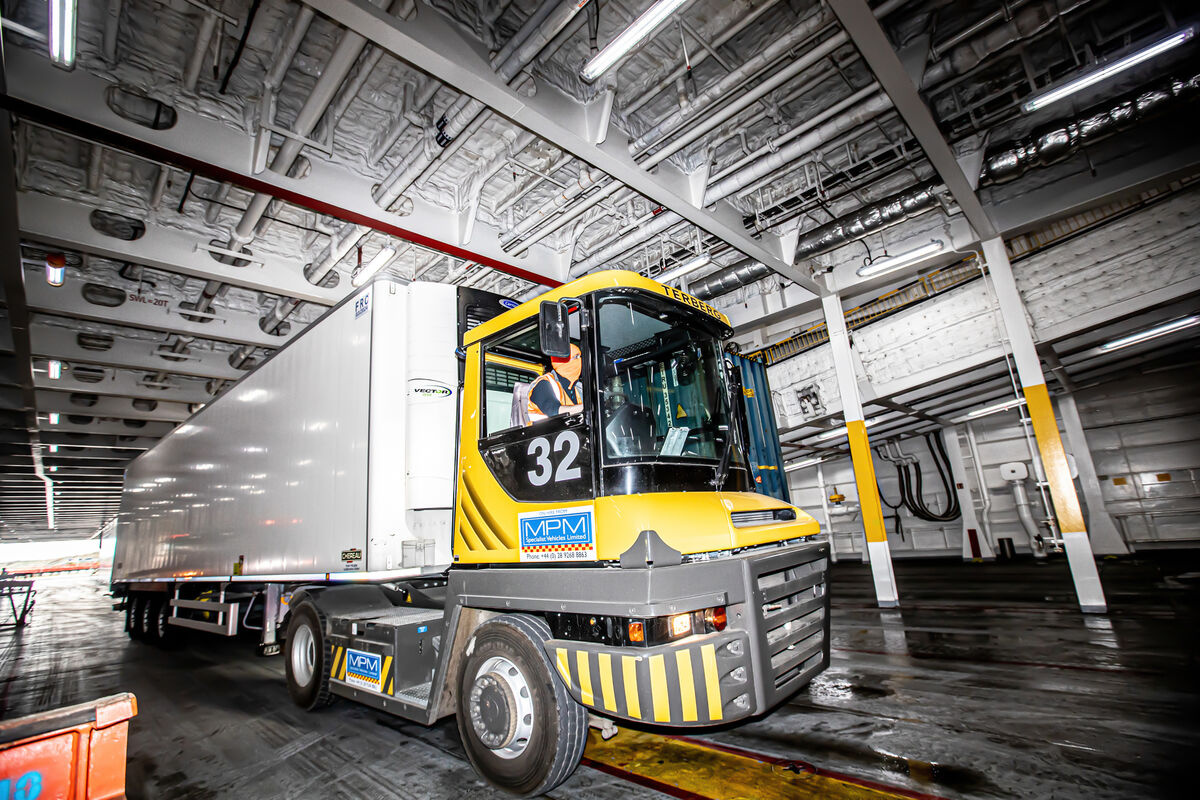 A Rosslare Euro Port Terberg shunter tug bringing an ‘unaccompanied’ trailer onboard the Stena Estrid at Rosslare, Co Wexford. Picture: Neil Michael. A Rosslare Euro Port Terberg shunter tug bringing an ‘unaccompanied’ trailer onboard the Stena Estrid at Rosslare, Co Wexford. Picture: Neil Michael.