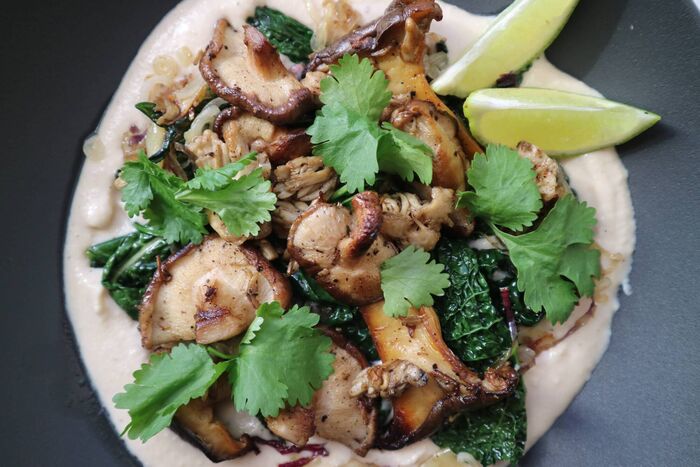 Miso cannellini bean purée with mushrooms and kale