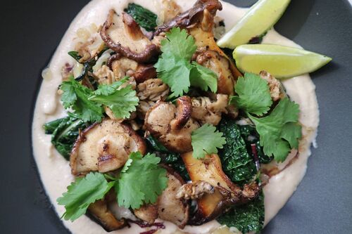 Miso cannellini bean purée with mushrooms and kale