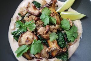 Miso cannellini bean purée with mushrooms and kale