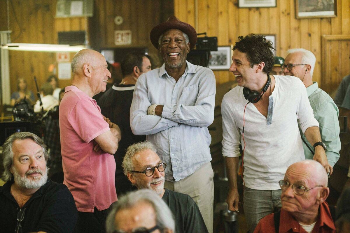 Alan Arkin and Morgan Freeman share a laugh with director Zach Braff on the set of Going In Style Alan Arkin and Morgan Freeman share a laugh with director Zach Braff on the set of Going In Style