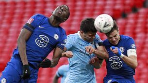 <p>Manchester City's Rodrigo vies with Chelsea duo Kurt Zouma and Cesar Azpilicueta during their FA Cup semi-final at Wembley Stadium last month. Photo by IAN WALTON/POOL/AFP via Getty Images</p>