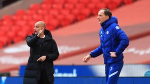 <p>File photo dated 17-04-2021 of Manchester City manager Pep Guardiola (left) and Chelsea manager Thomas Tuchel (right) on the touchline</p>
