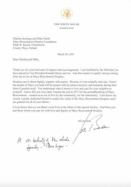 A letter signed by US President Joe Biden to the Mayo Roscommon Hospice A letter signed by US President Joe Biden to the Mayo Roscommon Hospice
