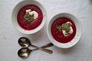Roast beetroot soup with beet top pesto