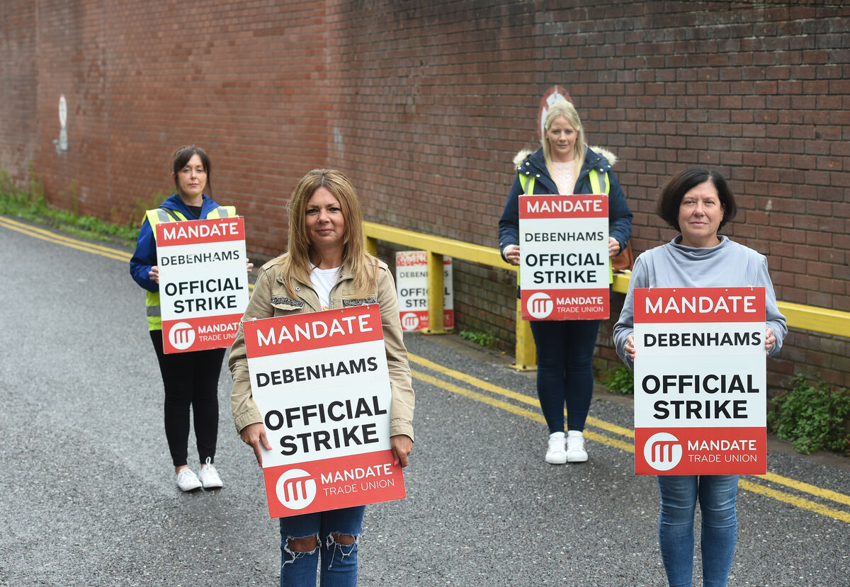 Former Debenhams workers (front) Madeline Whelan and Valerie Conlon with (back) Susan O'Mahony and Sinead Casey picket the goods entrance on Parnell Place, Cork City, last September. "We’ve become lifelong friends." Photo: Larry Cummins