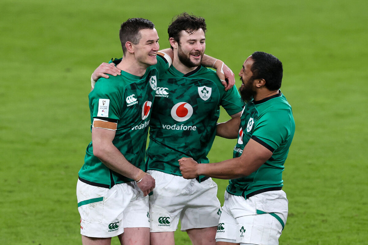 Ireland's Johnny Sexton, Robbie Henshaw and Bundee Aki celebrate after the win over England earlier this year. Picture: INPHO/Billy Stickland