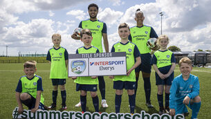 <p>Andrew Omobamidele and Rianna Jarrett with Morgan Coffey (age 8), Stella Toomey (age 9), Joshua Ward (age 9), Liam White (age 9), Liadan Kelly (age 10) and Ross Ward (age 7) at the Intersport Elverys Summer Schools Launch this week. Picture: INPHO/Bryan Keane</p>