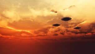 UFOs flying at sunset