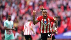 <p>Brentford's Ivan Toney celebrates scoring their side's first goal of the game</p>