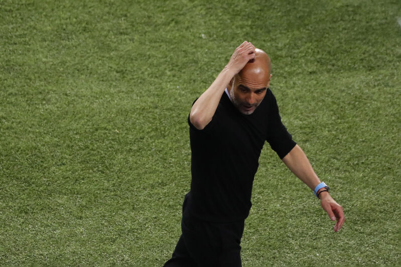 Manchester City's head coach Pep Guardiola reacts during the Champions League final. Picture: Susana Vera/Pool via AP